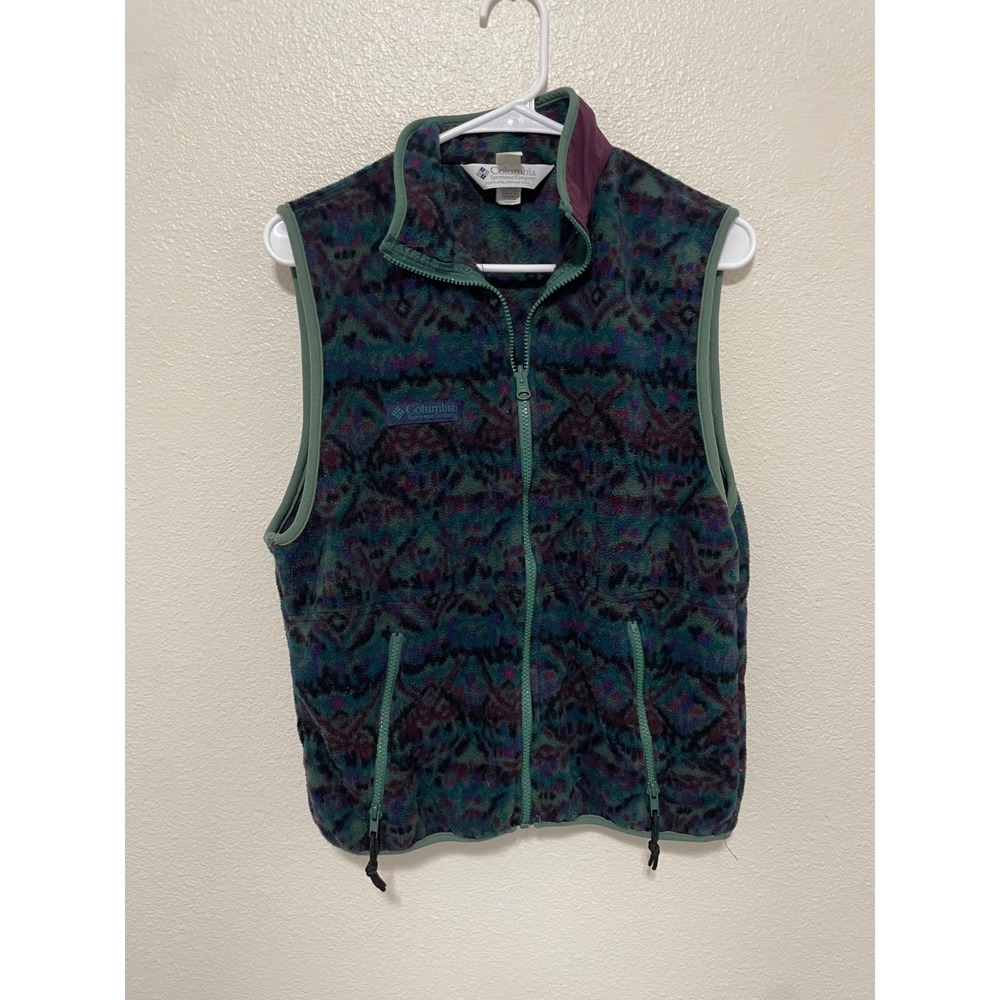 VTG Columbia Fleece Vest Women Large Green Purple Tribal Geometric USA Made